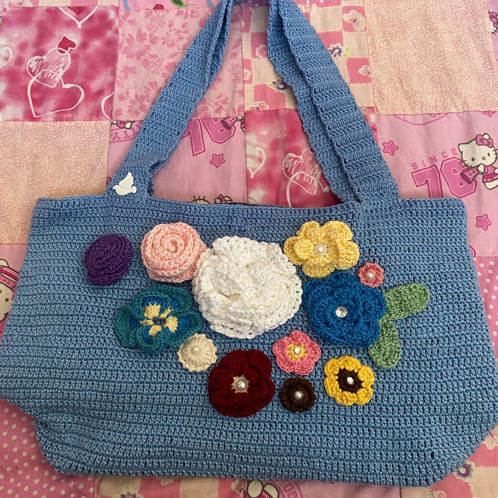 Handmade Floral Crochet Tote Bag - Blue